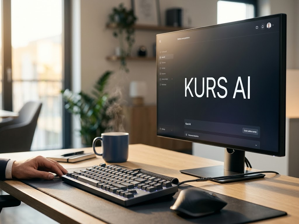 Nowoczesne biurko z monitorem wyświetlającym 'KURS AI', klawiaturą i kawą. Idealne do rozpoczęcia nauki ai kurs.