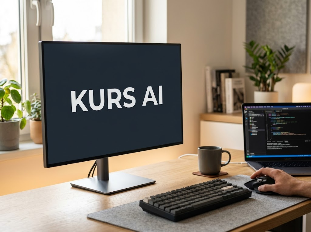 Nowoczesne biurko z monitorem wyświetlającym 'KURS AI', klawiaturą, myszką i laptopem, symbolizujące kurs sztuczna inteligencja.